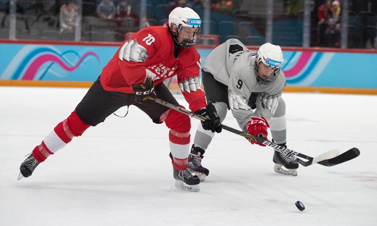 Dos jugadores de hockey sobre hielo tratando de tomar el disco negro (puck)