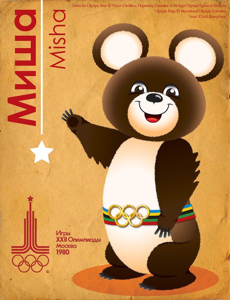 Cartel Oficial de Los Juegos Olímpicos representada por la mascota Misha una osa de color café saludando