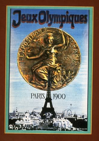 Cartel representando el premio ganador (medalla) con la torre eiffel atrás 